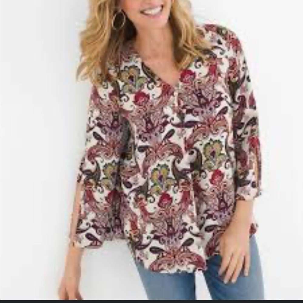 Chico's Grand Paisley Split Bell Sleeve V-Neck Top sz 3 (XL 16-18) Women’s
